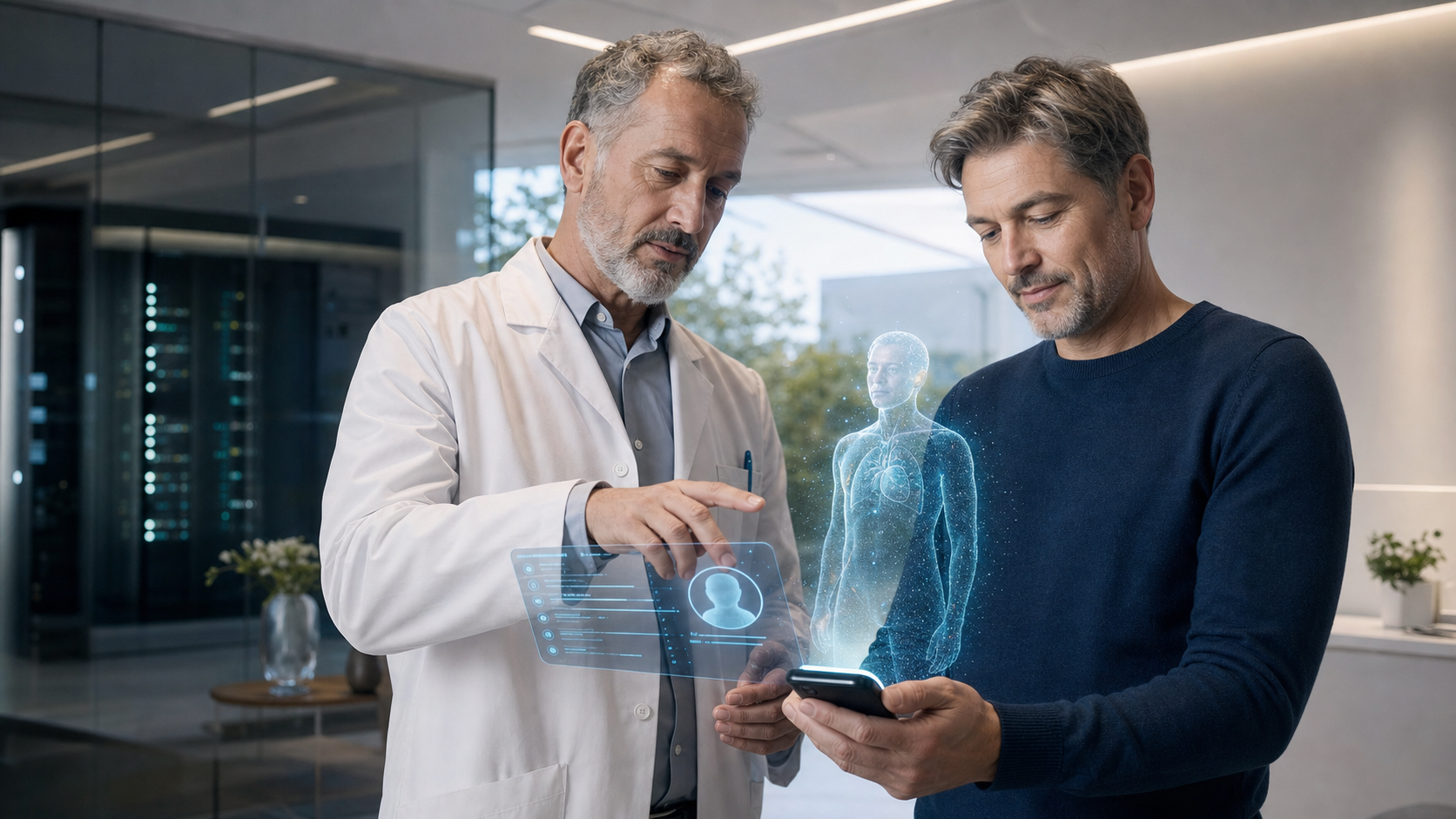 Un medico in camice mostra a un paziente, sul suo smartphone, il gemello digitale olografico del suo corpo.